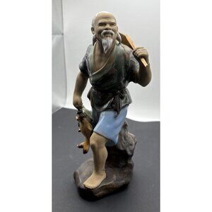 Vintage Shiwan Chinese Mudman Figurine Fishing Fisherman Mud Man 8" tall